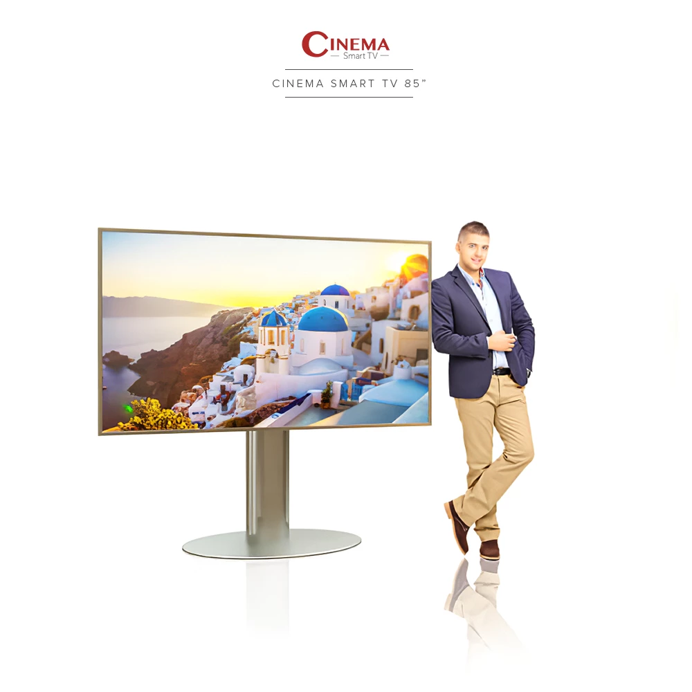 A single oval floor stand displaying an 85-inch Cinema Smart TV in Ajman.