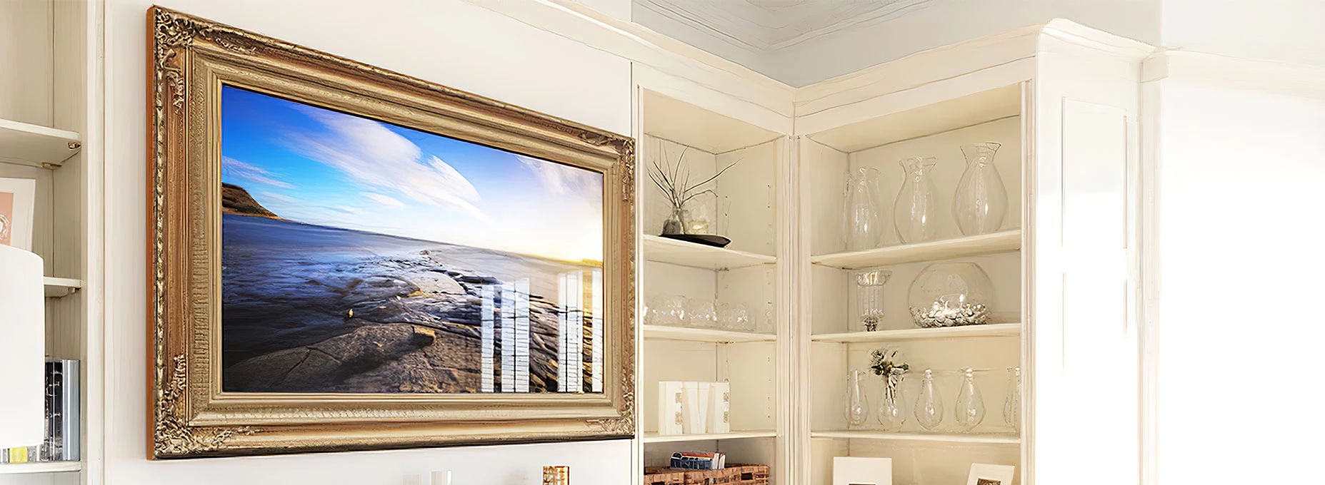 On a white wall above a fireplace with side shelves is a framed mirror TV in Dubai.