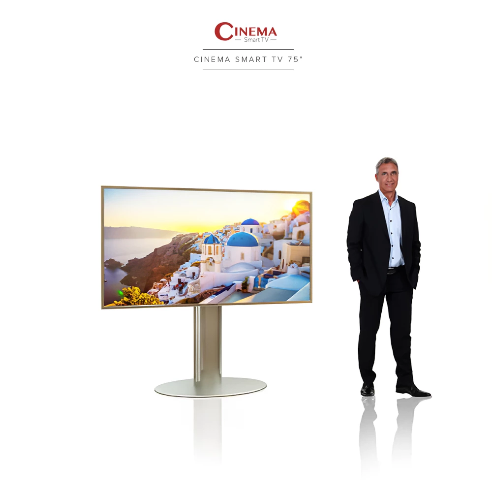 A 75-inch Cinema Smart TV on a sleek oval floor stand in a modern Dubai setting.