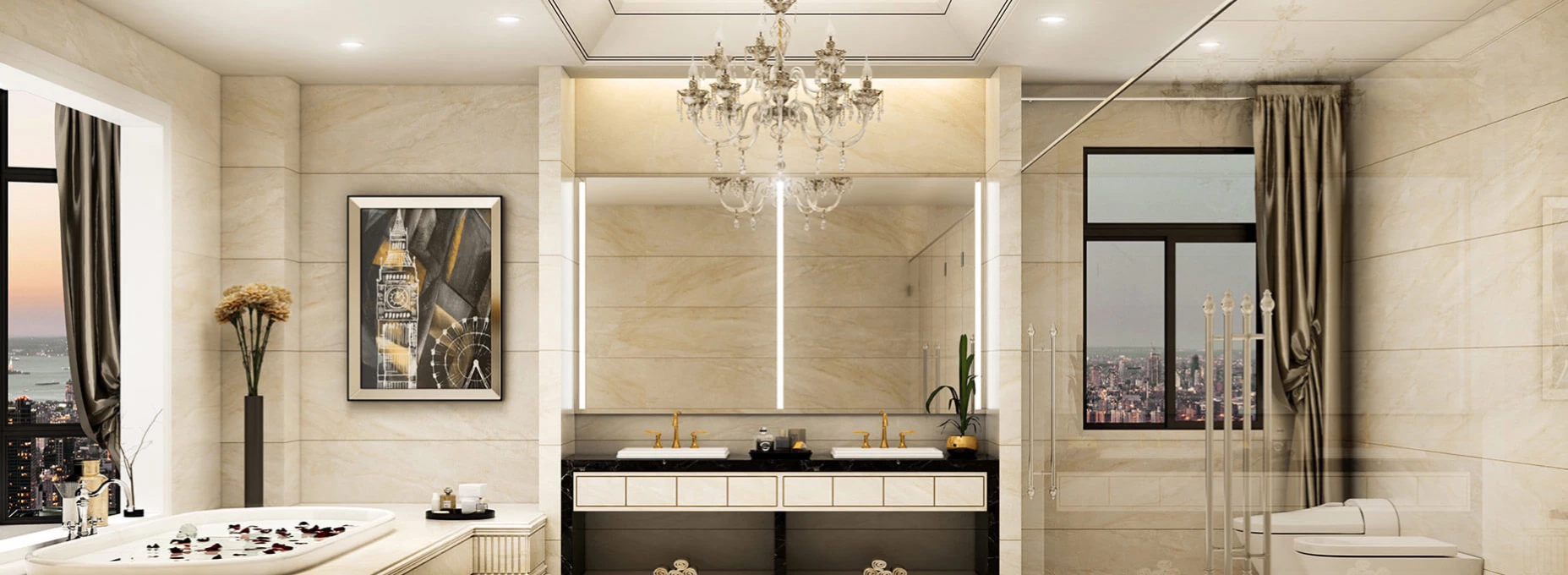 Luxurious bathroom featuring a lighted mirror as the room's centerpiece in Fujairah. 