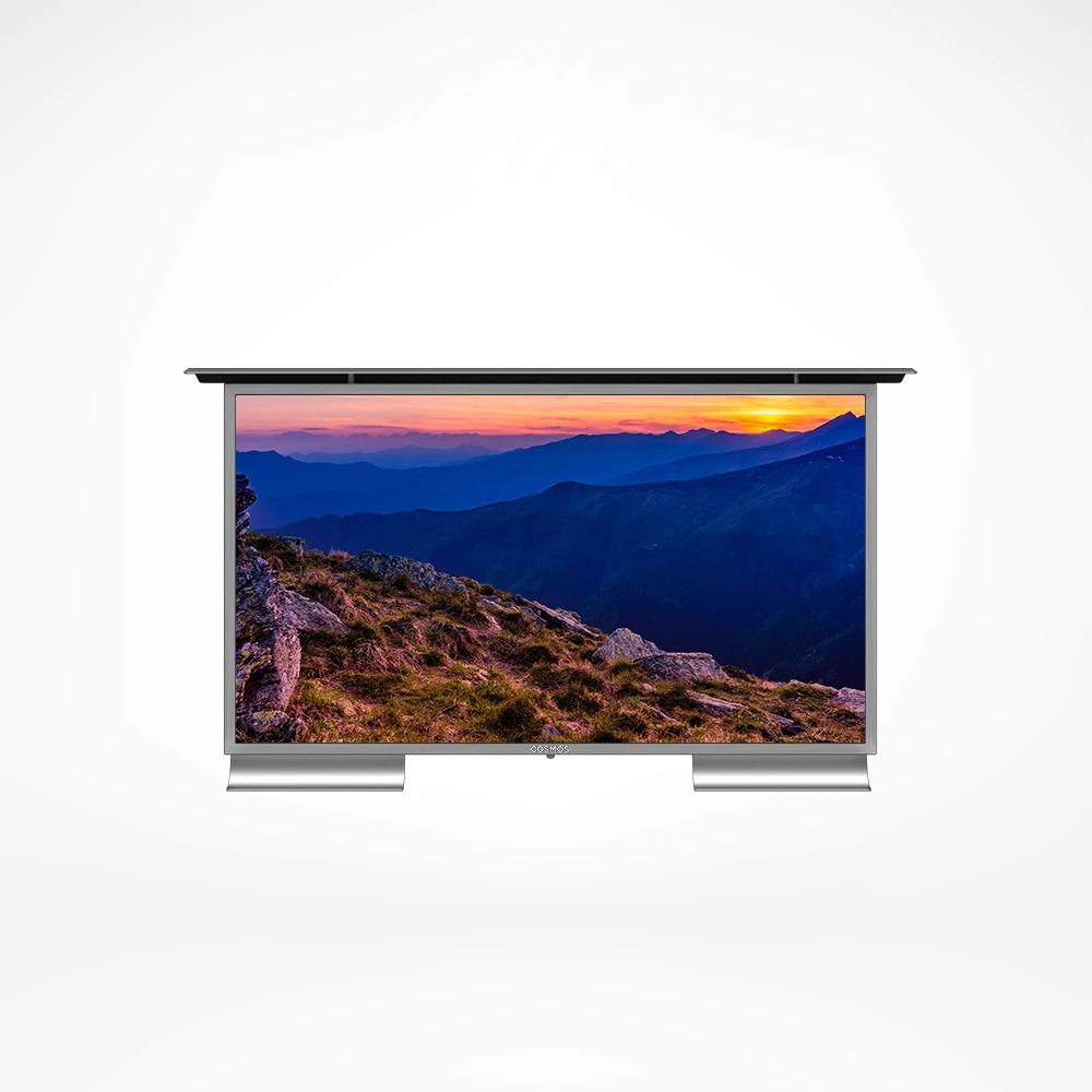 Front view of a Kuwait's Brushed Stainless Steel Cosmos Outdoor TV, 40-inch 4K Ultra HD.