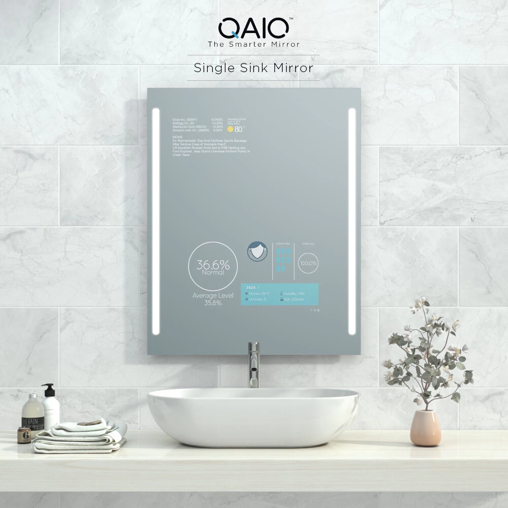 Modern QAIO Single Sink Smart Mirror TV with dual LED lighting, enhancing bathrooms in Kuwait.