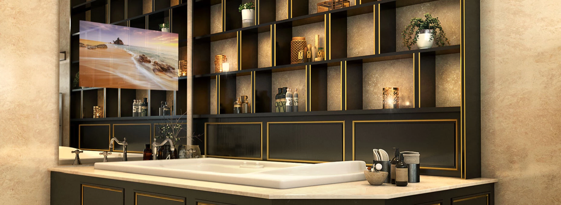 Bathroom with a mirror TV that reflects a scene of a beach and ornate shelving in Oman.