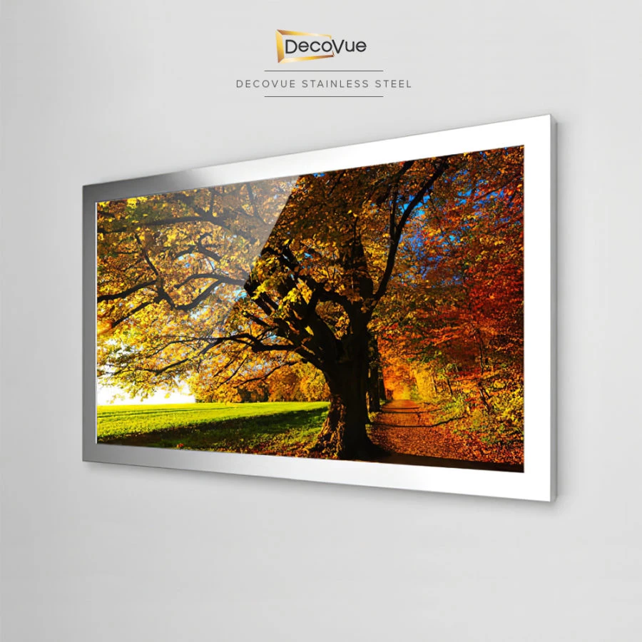 The autumnal scenery in Qatar is shown on the Decovue stainless steel framed mirror TV.