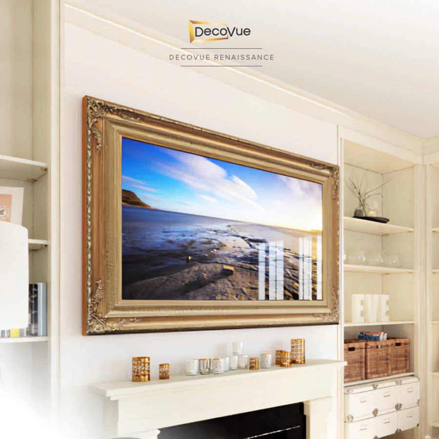 A sophisticated living room from DecoVue Renaissance in Ajman with a stunning framed mirror TV.