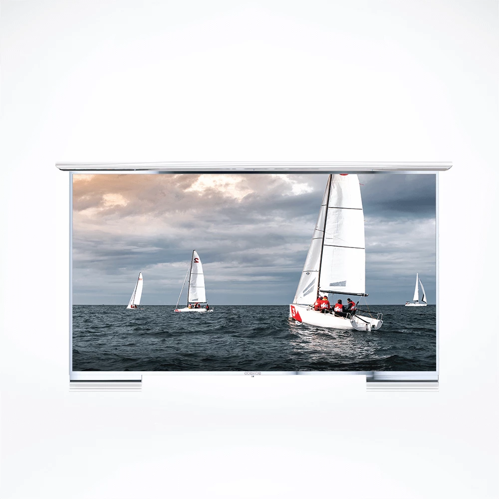 Premium 60-inch 4K Ultra HD outdoor TV, seen from the front, ideal for settings in Saudi Arabia.