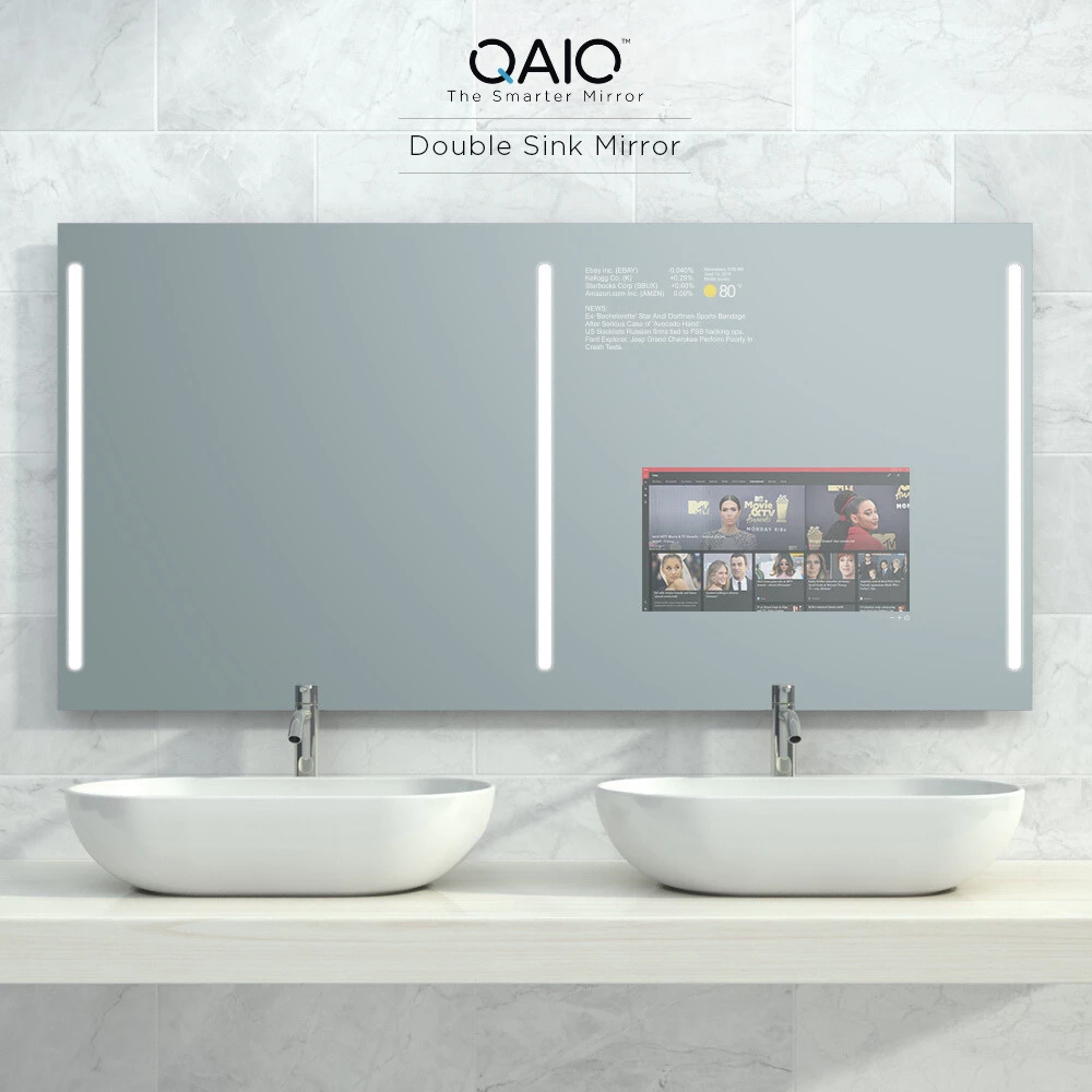 QAIO Double Sink Smart Mirror TV with three LED strips, made for stylish bathrooms in Saudi Arabia.